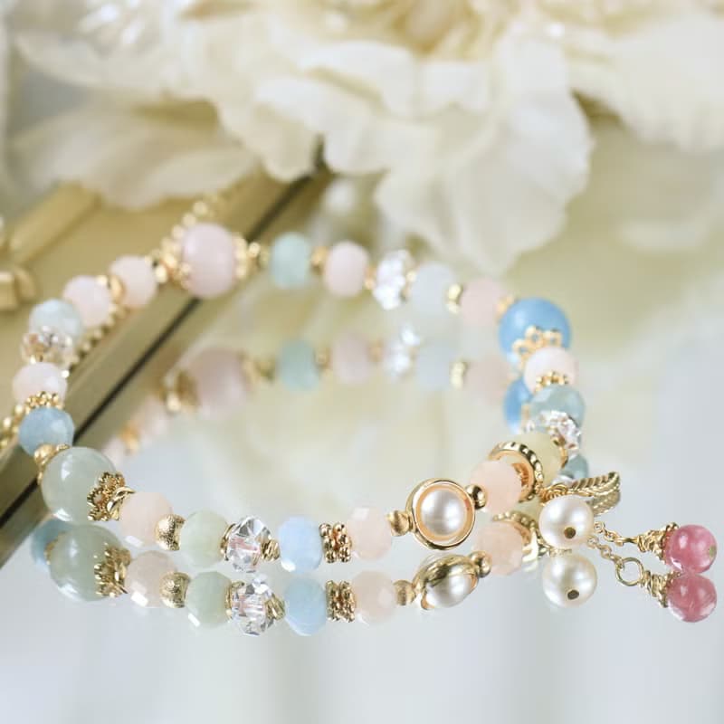 摩根石 粉晶 海藍寶 珍珠戀愛紓壓好人緣水晶手鍊 愛與希望之宮