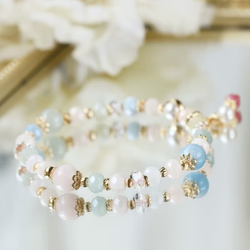 摩根石 粉晶 海藍寶 珍珠戀愛紓壓好人緣水晶手鍊 愛與希望之宮