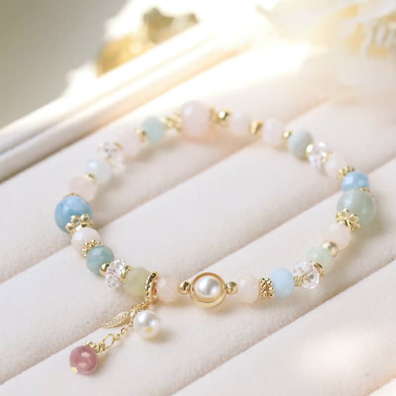 摩根石 粉晶 海藍寶 珍珠戀愛紓壓好人緣水晶手鍊 愛與希望之宮