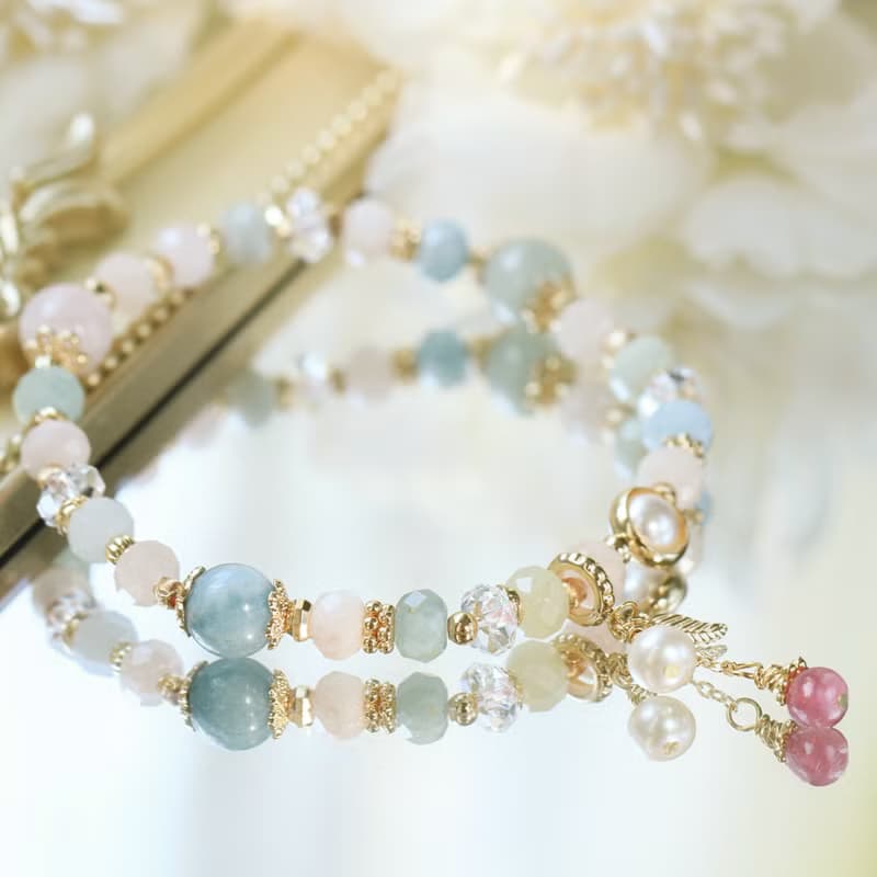 摩根石 粉晶 海藍寶 珍珠戀愛紓壓好人緣水晶手鍊 愛與希望之宮