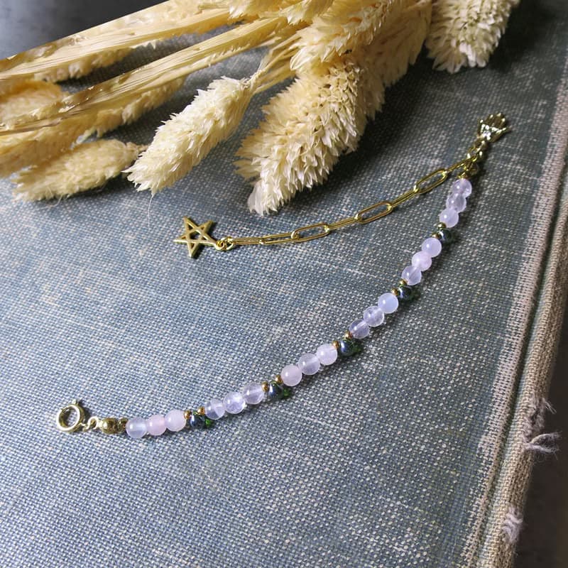 VIIART。翩翩-粉。粉晶石護身符法蒂瑪之手黃銅鍍金手鍊