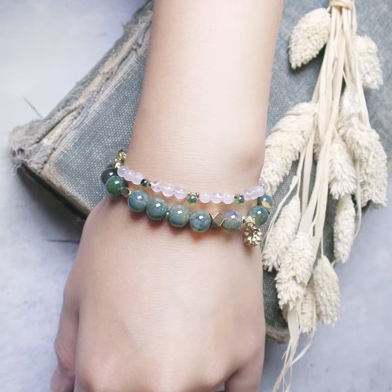 VIIART。翩翩-粉。粉晶石護身符法蒂瑪之手黃銅鍍金手鍊