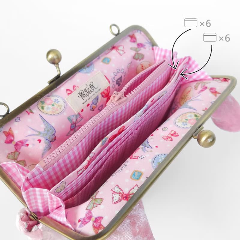 粉貓夫人 質感手工刺繡絨布長夾 手機錢包 口金包 斜肩背 側背