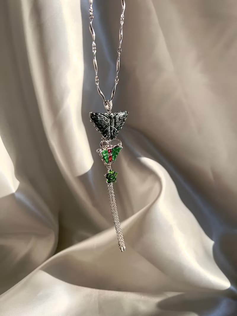 Butterfly Life Cycle Green Jade Art Pendant Necklace