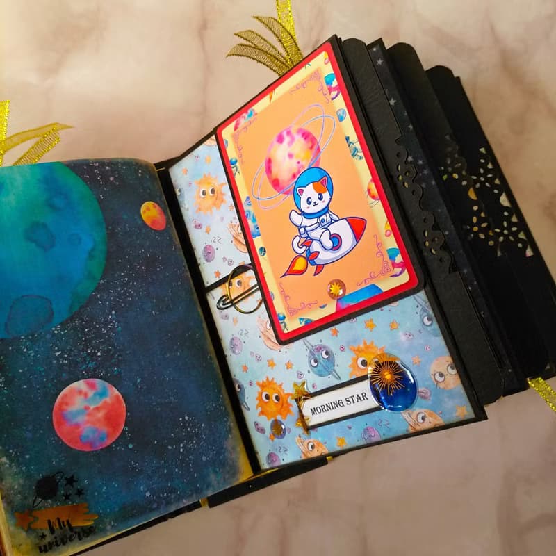 Cute Space Cats Extraterrestrial Journey Handmade Notebook 2 in 1 Set