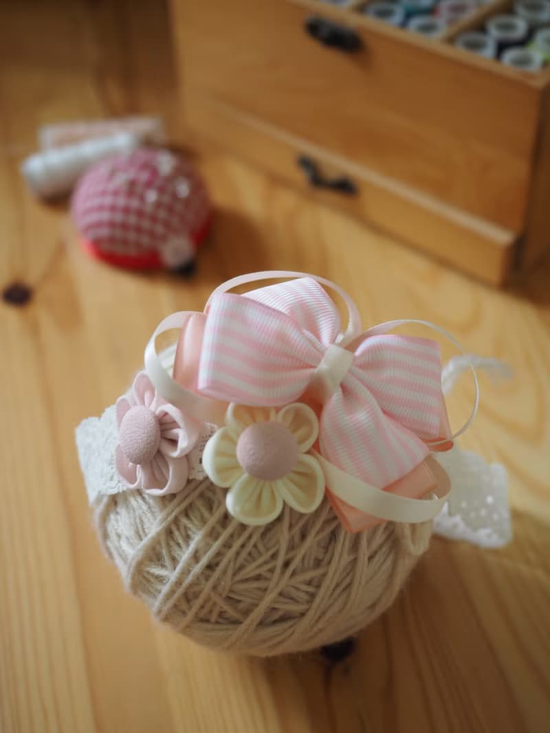 粉色蝴蝶結小布花嬰兒/小童彈性髮帶
