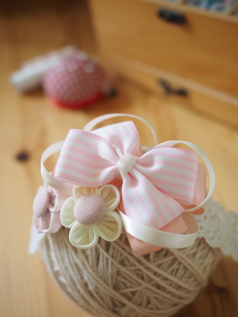 粉色蝴蝶結小布花嬰兒/小童彈性髮帶