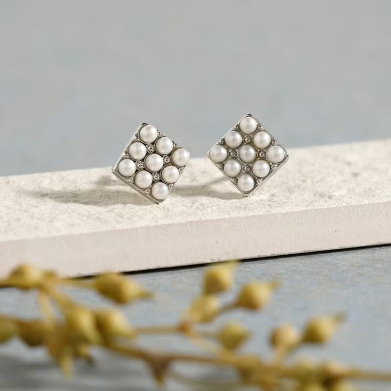 9pearl square pierced earring SV　ニッケルフリー　チタンポスト　パール　スクエア　シルバー