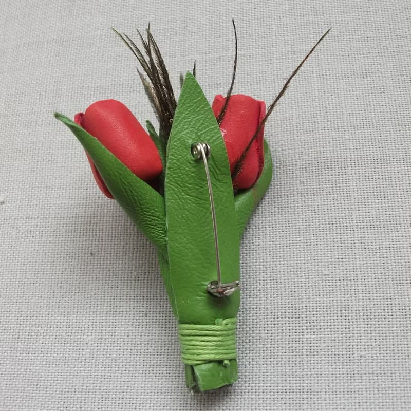 Small brooch made of genuine leather with a bouquet of coral tulips