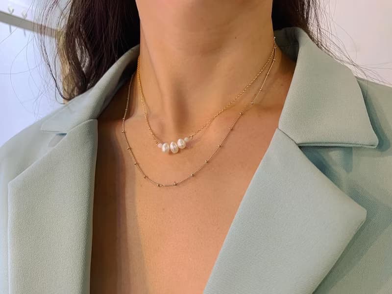 設計一字造型天然珍珠雙層珠鍊鎖骨鏈短項鍊