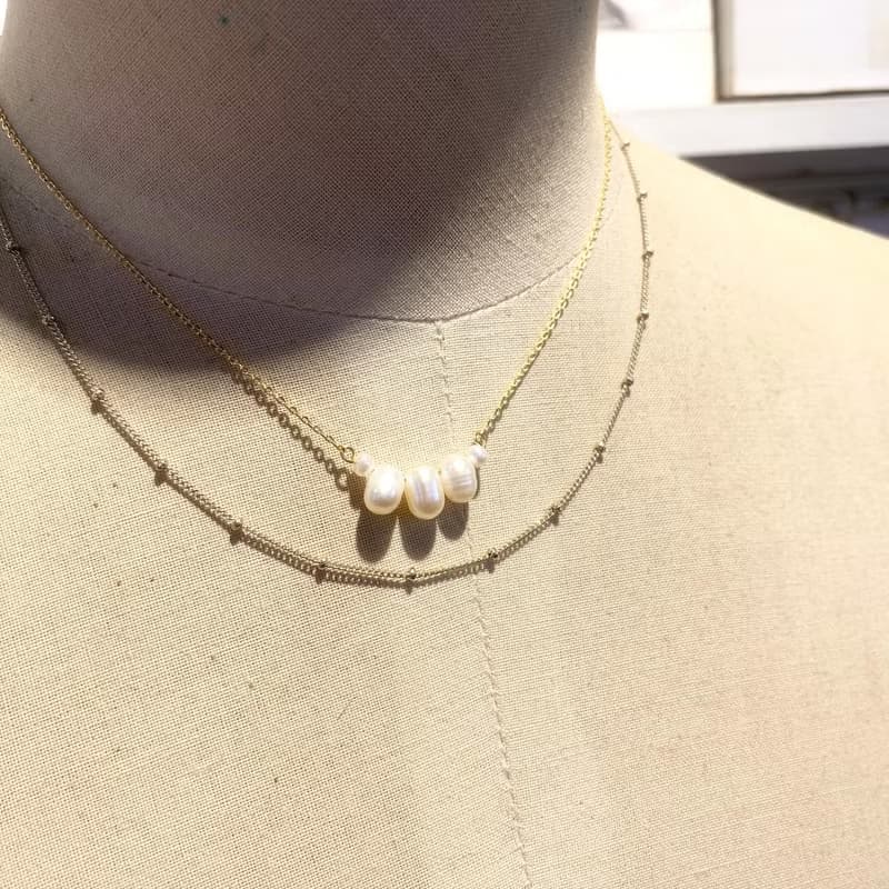 設計一字造型天然珍珠雙層珠鍊鎖骨鏈短項鍊