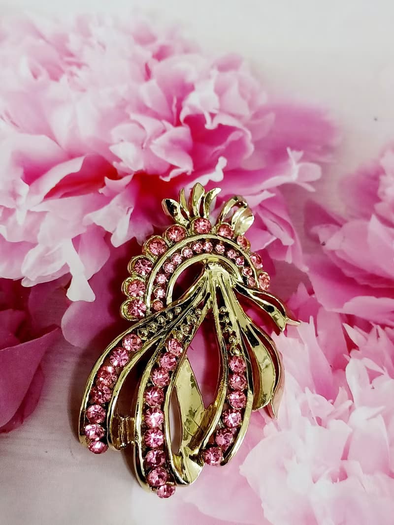 vintage jewelry 典雅粉色萊茵花束別針