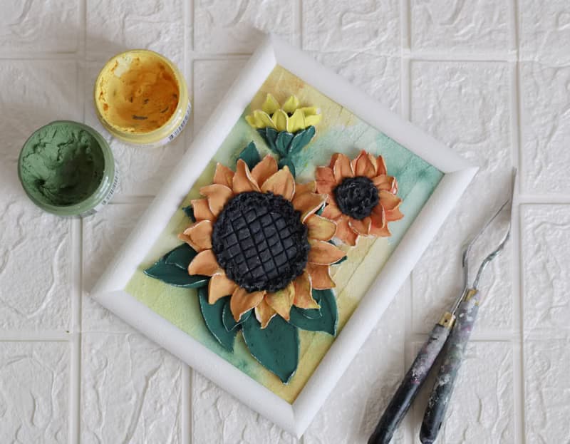 Sunflowers painting, textured wall art, sculpture painting, housewarming gift