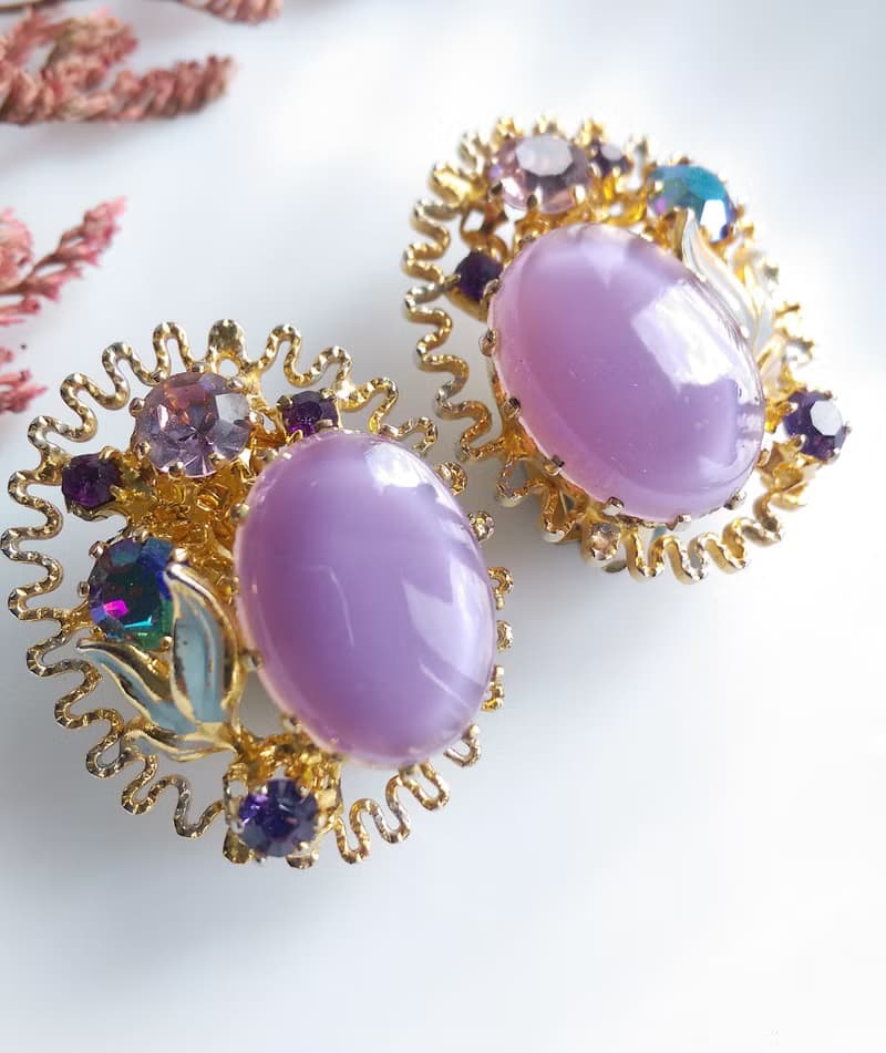 【西洋古董飾品 】  淡紫花簇 唯美 夾式耳環