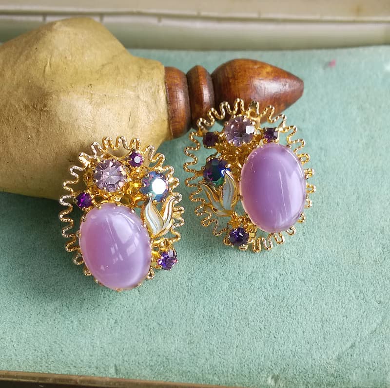 【西洋古董飾品 】  淡紫花簇 唯美 夾式耳環