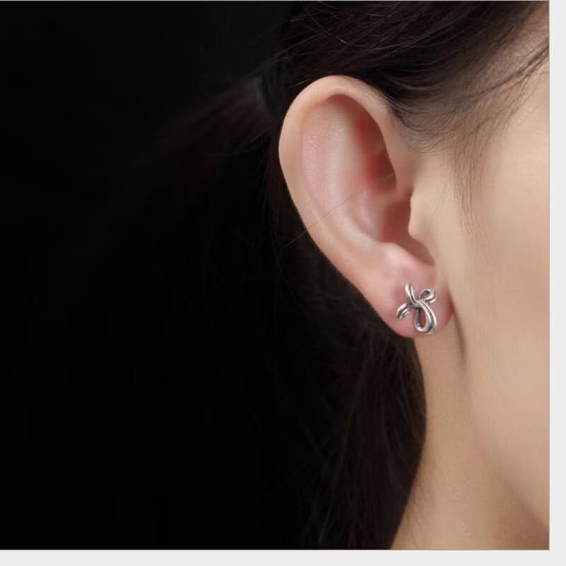 S 925 Sterling Silver Irregular Bowknot Stud Earrings Retro Vulcanized Thai