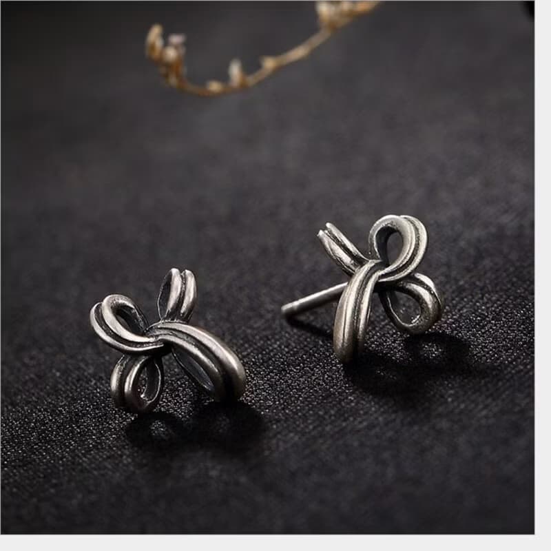 S 925 Sterling Silver Irregular Bowknot Stud Earrings Retro Vulcanized Thai