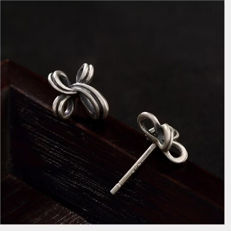 S 925 Sterling Silver Irregular Bowknot Stud Earrings Retro Vulcanized Thai