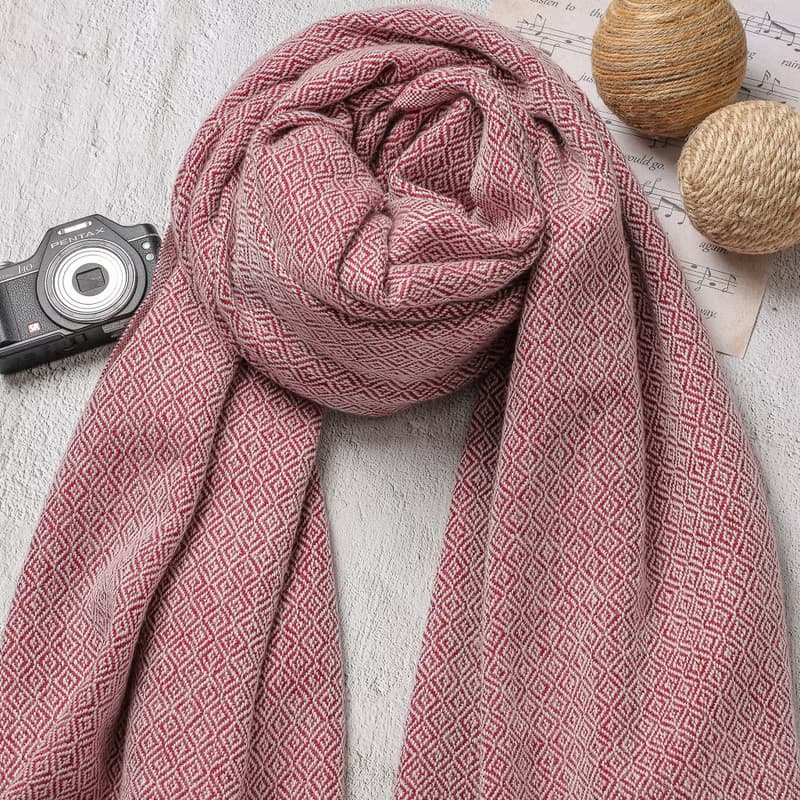 【厚款】喀什米爾羊毛圍巾/披肩  鑽石紋暗紅 手工機織