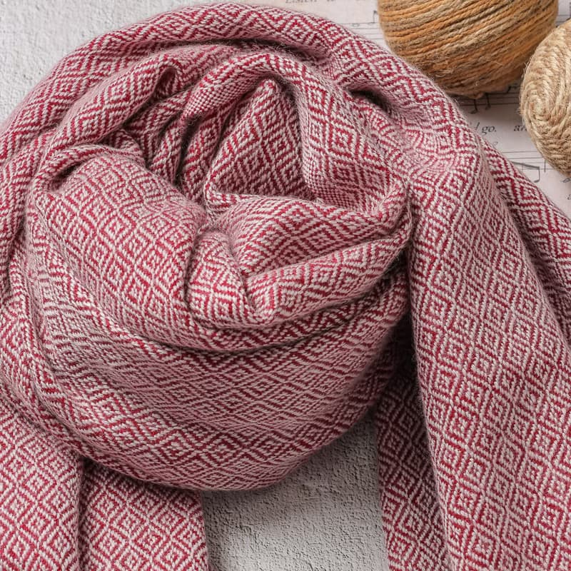 【厚款】喀什米爾羊毛圍巾/披肩  鑽石紋暗紅 手工機織