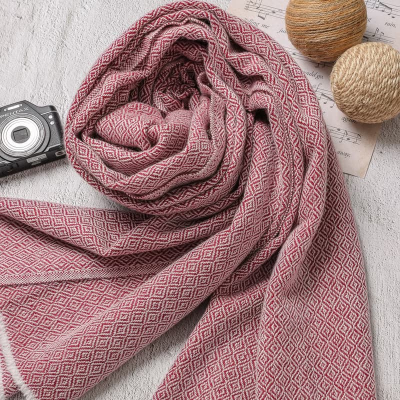 【厚款】喀什米爾羊毛圍巾/披肩  鑽石紋暗紅 手工機織