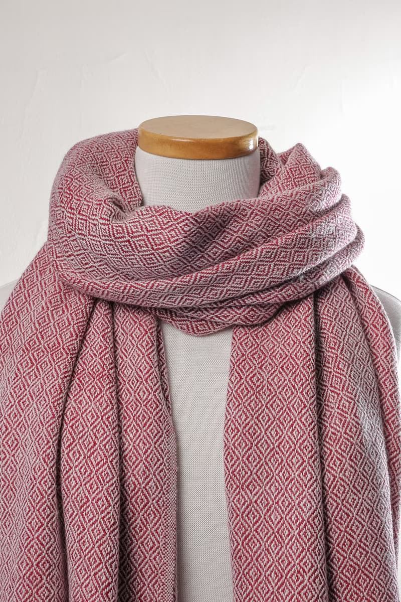 【厚款】喀什米爾羊毛圍巾/披肩  鑽石紋暗紅 手工機織