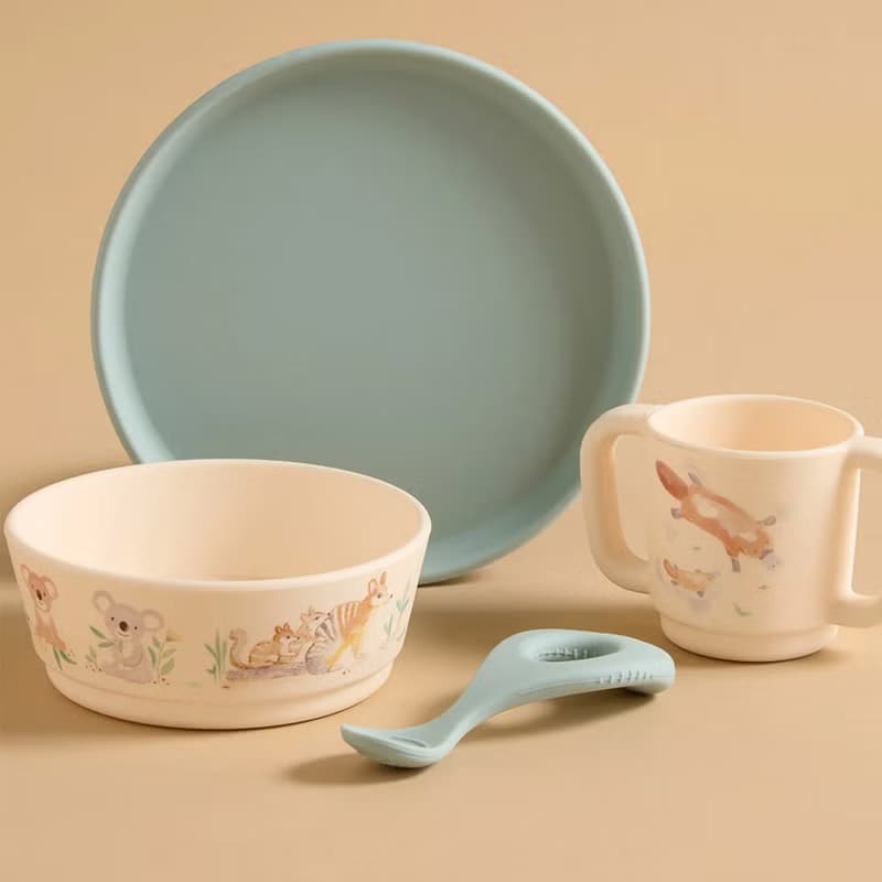 Purebaby 矽膠餐具4件組禮盒 -粉綠