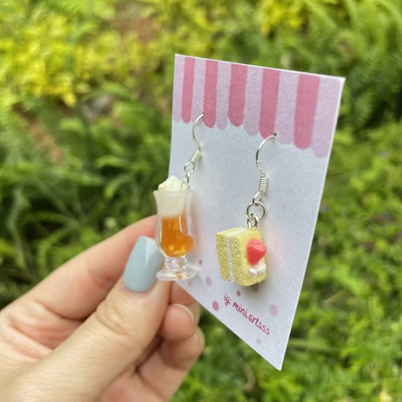 水果特飲 配 水果蛋糕 手作 耳環 (UV滴膠+樹脂黏土製作)