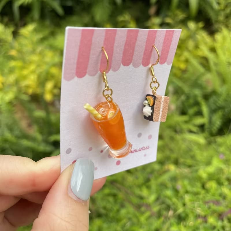 水果特飲 配 水果蛋糕 手作 耳環 (UV滴膠+樹脂黏土製作)