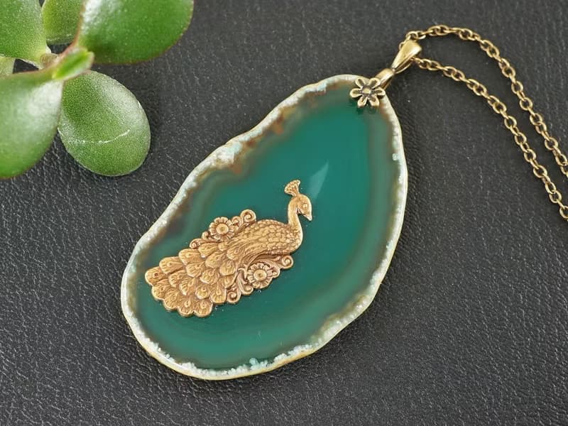 Green Agate Slice Slab Brass Peacock Dark Green Stone Pendant Necklace Jewelry