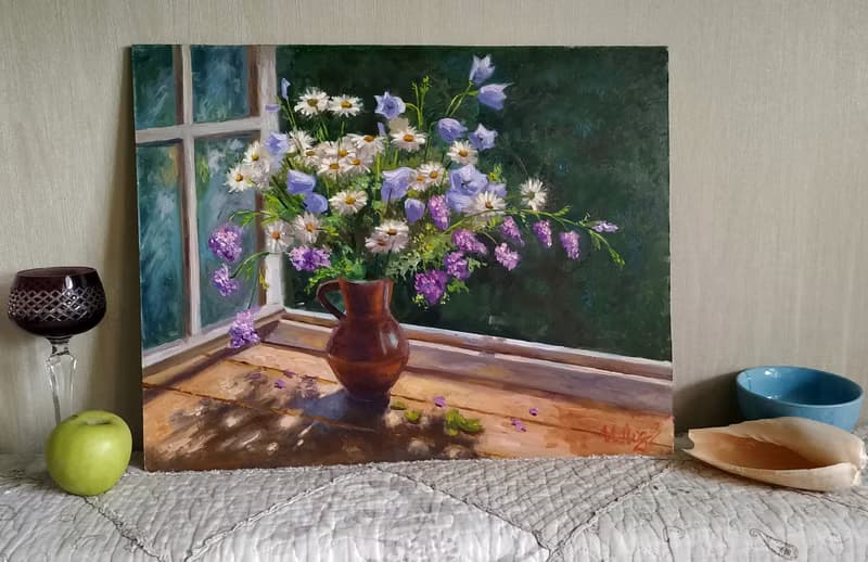 Daisy Painting Bouquet Original Art Floral Still Life Artwork Flowers Wall Art