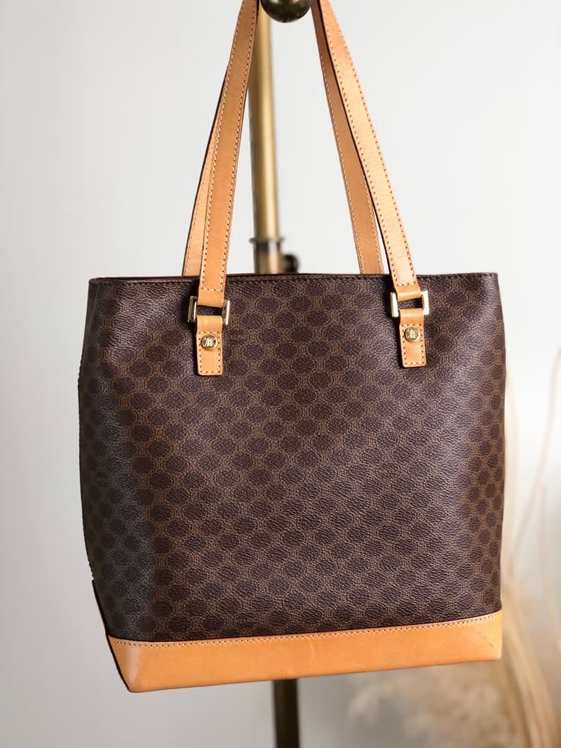 【 日本直送　名牌中古包 】CELINE セリーヌ マカダム ショルダーバッグ ブラウン PVC レザー トートバッグ vintage  オールド tpbd2h