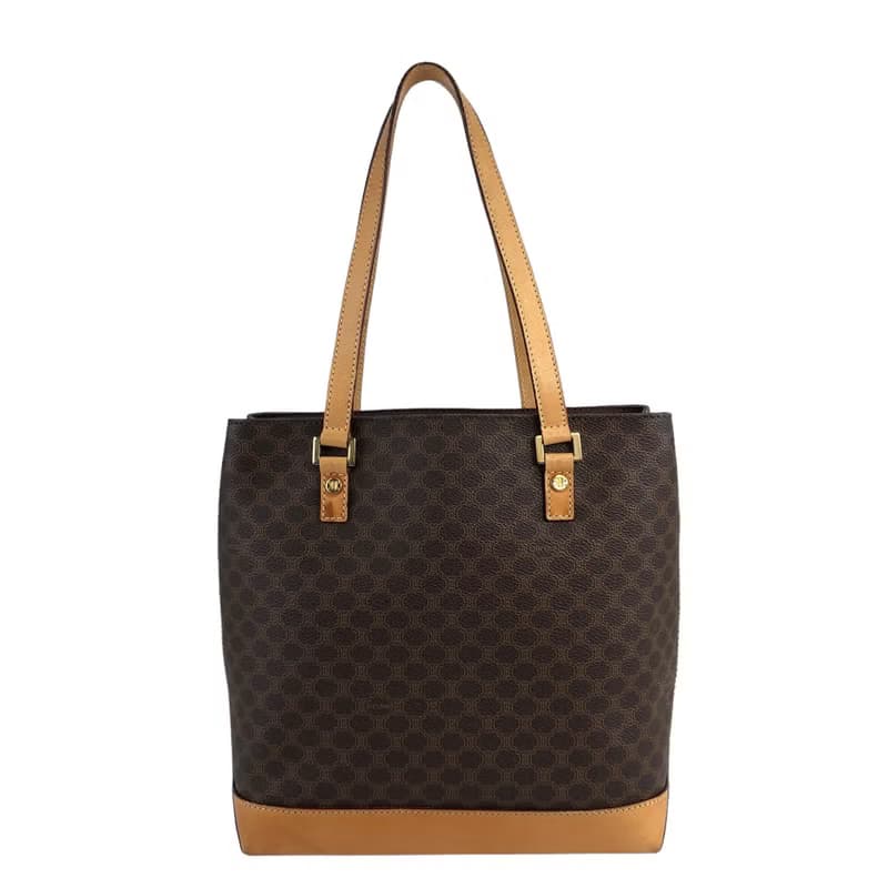 【 日本直送　名牌中古包 】CELINE セリーヌ マカダム ショルダーバッグ ブラウン PVC レザー トートバッグ vintage  オールド tpbd2h