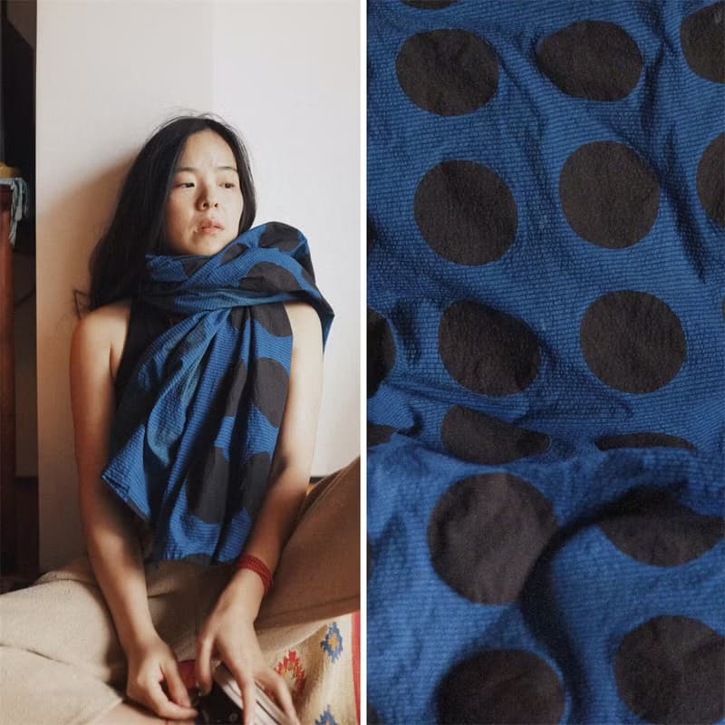 藏青色 蓋布披肩圍巾 環保植物藍染 進口波點提花鹽縮純棉泡泡棉