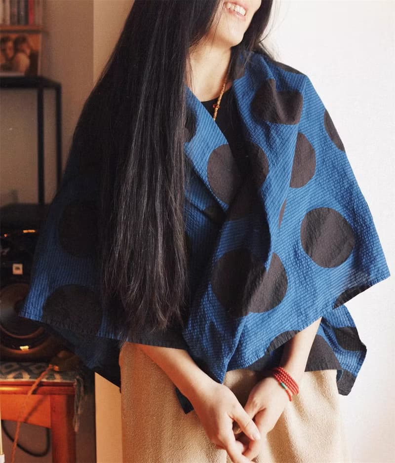 藏青色 蓋布披肩圍巾 環保植物藍染 進口波點提花鹽縮純棉泡泡棉