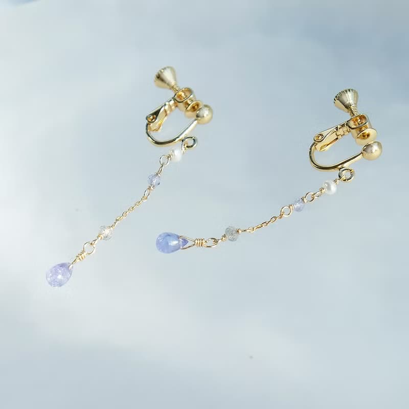 晨露 丹泉石耳環 14K 包金 注金 坦桑石 珍珠 拉長石 耳夾 垂墜