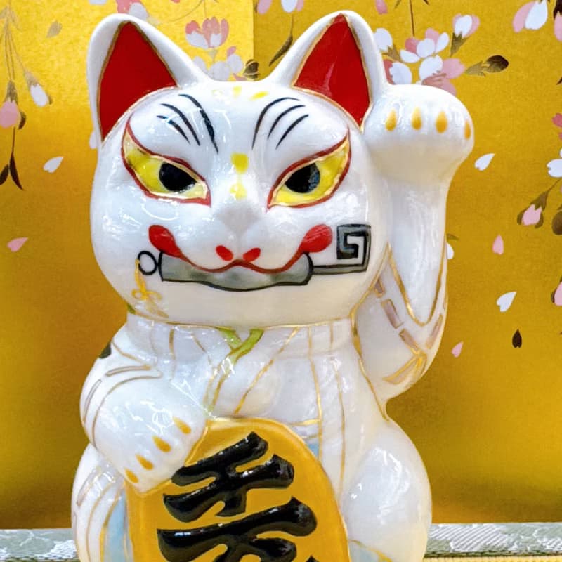 【狐結千福】日本清水燒招財貓 | 白狐鳥居圖