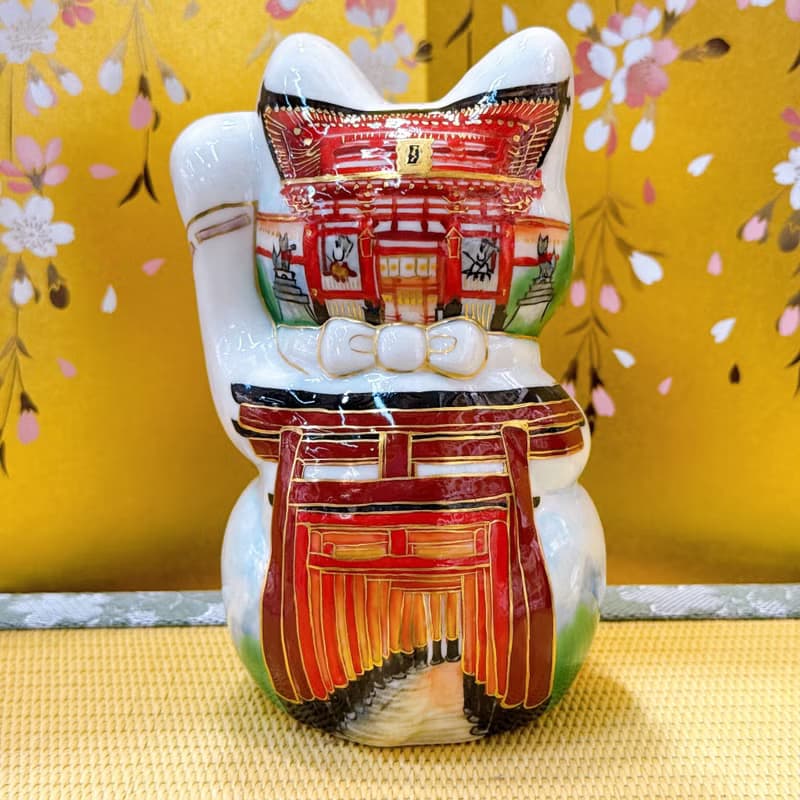 【狐結千福】日本清水燒招財貓 | 白狐鳥居圖