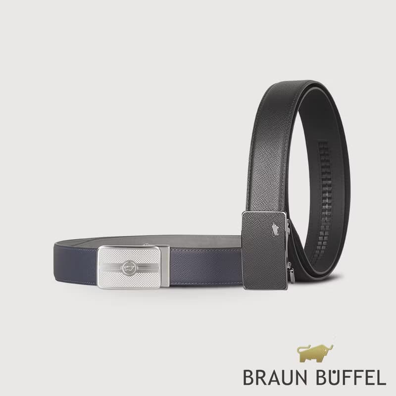 【免費升級送禮包裝】十字壓紋自動扣皮帶-黑/BF24B-WEG046-BK