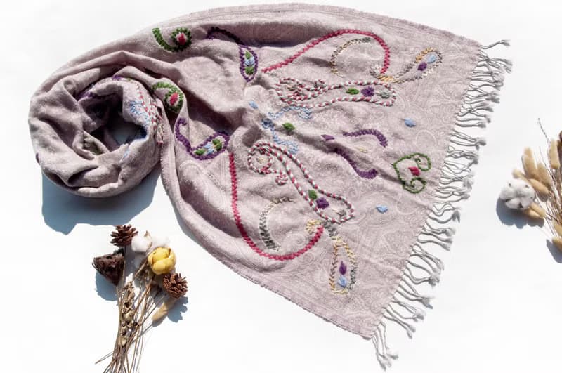 喀什米爾Cashmere/水煮羊毛披肩/針織圍巾/刺繡圍巾/羊絨披巾-花