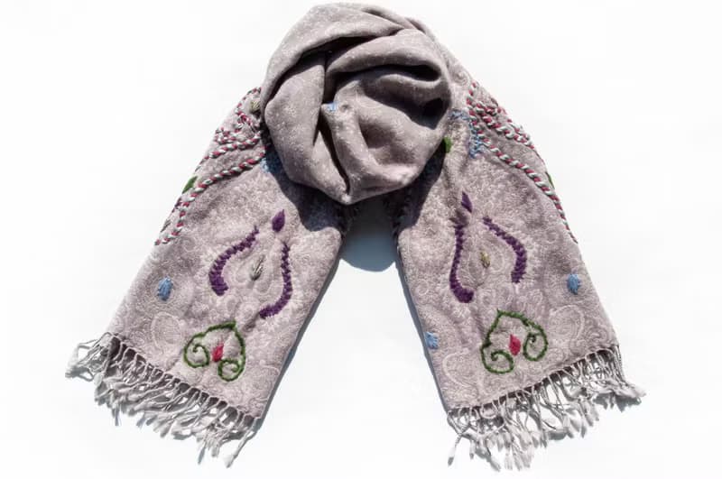 喀什米爾Cashmere/水煮羊毛披肩/針織圍巾/刺繡圍巾/羊絨披巾-花