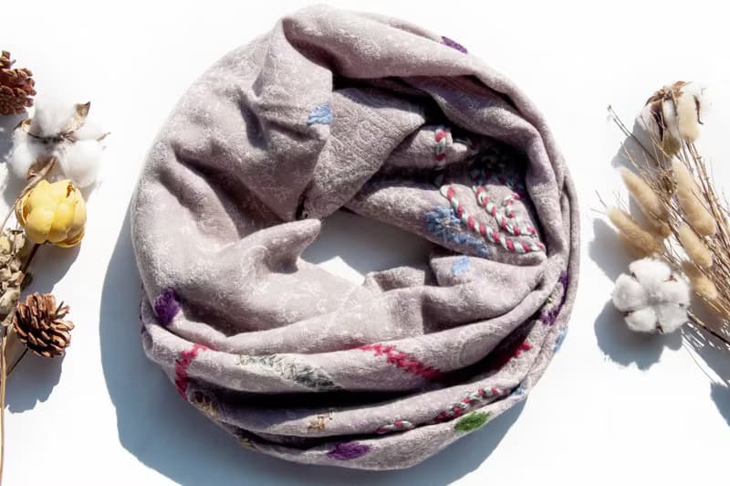 喀什米爾Cashmere/水煮羊毛披肩/針織圍巾/刺繡圍巾/羊絨披巾-花
