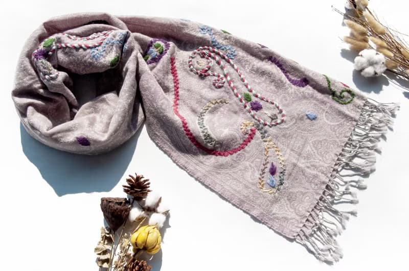喀什米爾Cashmere/水煮羊毛披肩/針織圍巾/刺繡圍巾/羊絨披巾-花