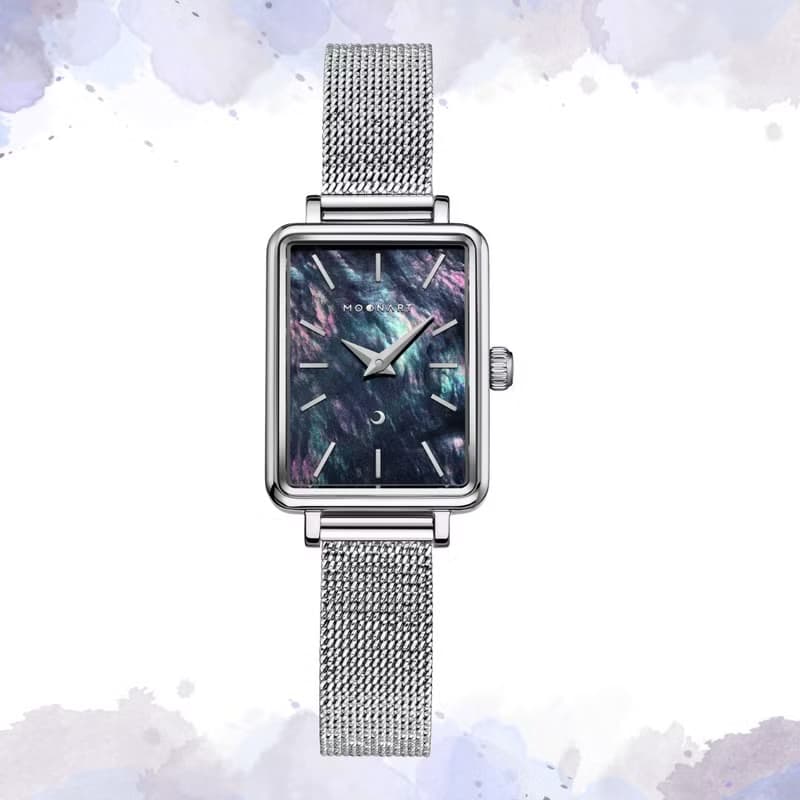 【MOONART】方型手錶 夢幻系列-天鵝(黑) 女裝珍珠貝藝術手錶