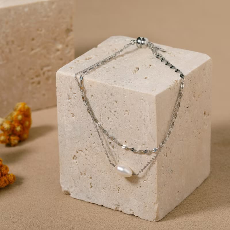 double chain+pearl magnet bracelet SV ニッケルフリーマグネットブレスレット　着脱簡単な淡水パールブレスレット　シルバー