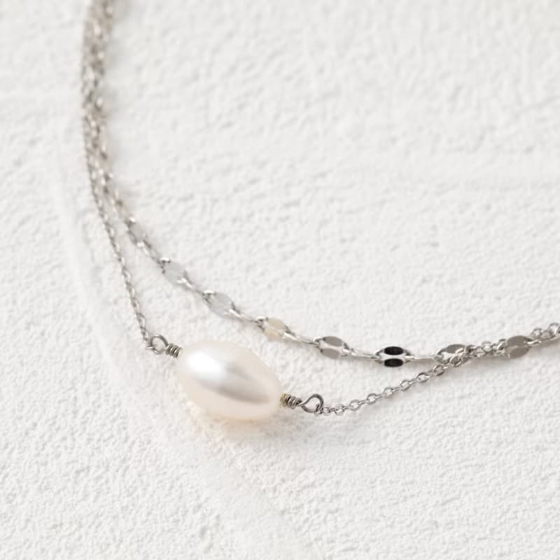 double chain+pearl magnet bracelet SV ニッケルフリーマグネットブレスレット　着脱簡単な淡水パールブレスレット　シルバー