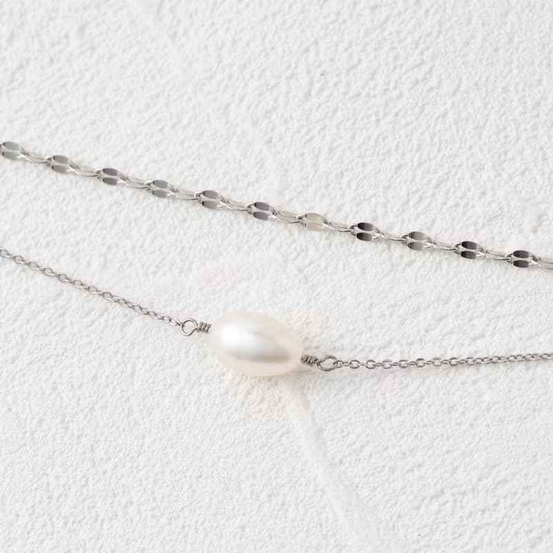double chain+pearl magnet bracelet SV ニッケルフリーマグネットブレスレット　着脱簡単な淡水パールブレスレット　シルバー