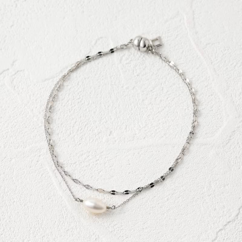 double chain+pearl magnet bracelet SV ニッケルフリーマグネットブレスレット　着脱簡単な淡水パールブレスレット　シルバー