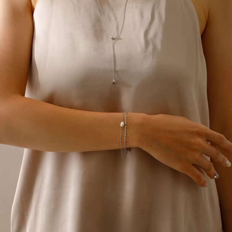 double chain+pearl magnet bracelet SV ニッケルフリーマグネットブレスレット　着脱簡単な淡水パールブレスレット　シルバー