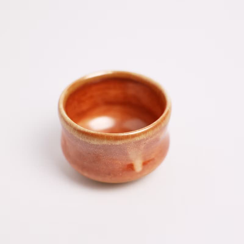 明芽窯 l 柴燒志野金彩小茶碗 橘紅 茶杯 小茶杯 陶器 蒐藏品 T